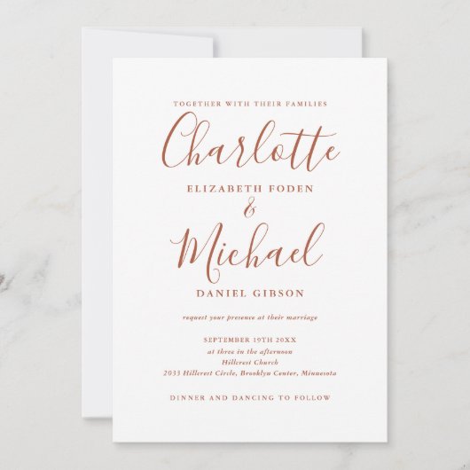 Invitation All In One Terracotta Chic Script Photo Mariage (Devant)