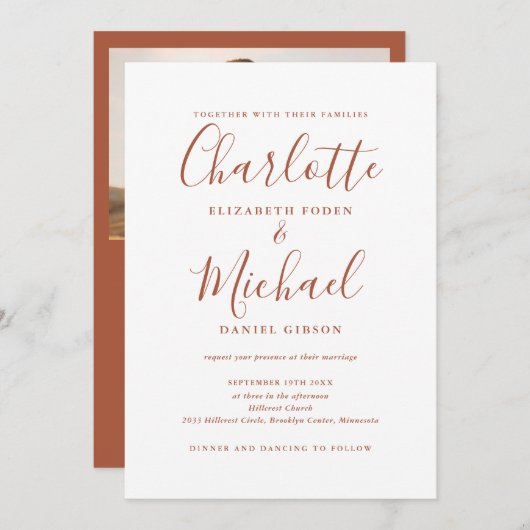 Invitation All In One Terracotta Chic Script Photo Mariage (Devant / Derrière)