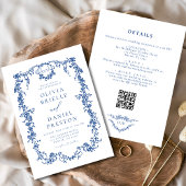 Invitation All In One Victorian Français Bleu QR Code Mariage
