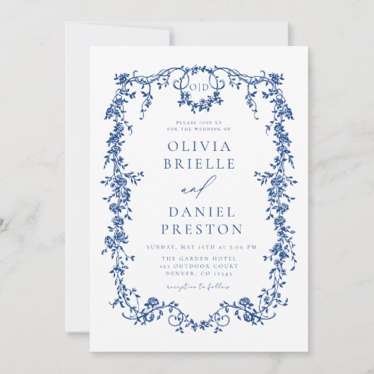 Invitation All In One Victorian Français Bleu QR Code Mariage (Devant)