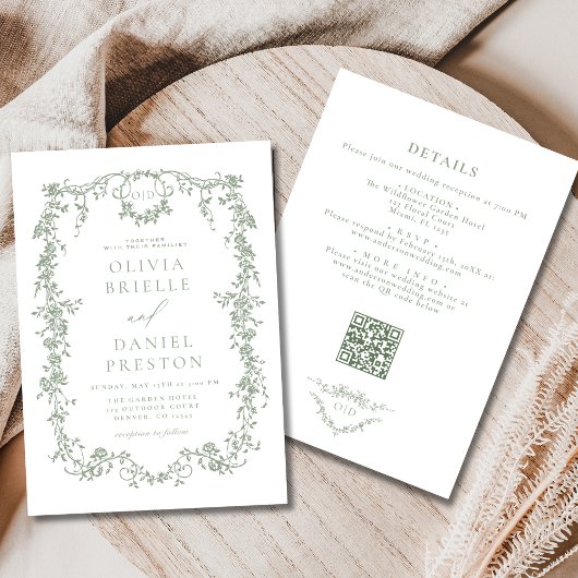 Invitation All In One Victorian Sage Green QR Code Mariage