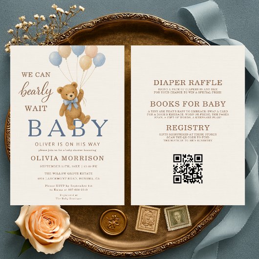 Invitation All in One We Can Bearly Wait Boy Baby Shower