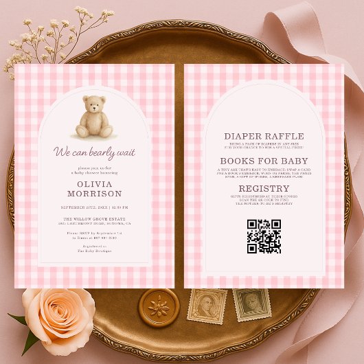 Invitation All in One We Can Bearly Wait Pink Gingham