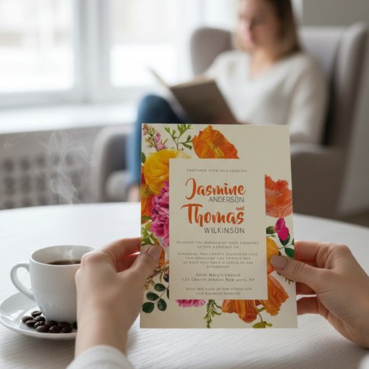 Invitation all in one wedding qr code orange poppy wedding