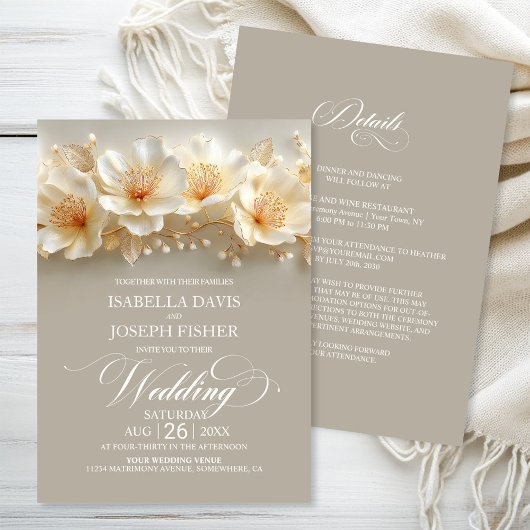 Invitation All in One White and Gold Floral Wedding