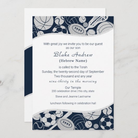 Invitation All Sports Bar Mitzvah Silver Blue (Devant / Derrière)