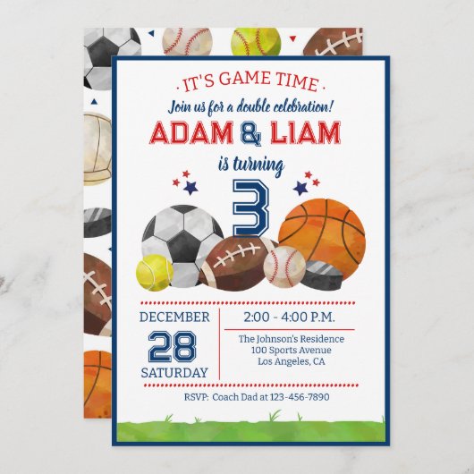 Invitation All Star Sports Twin Birthday Party (Devant / Derrière)
