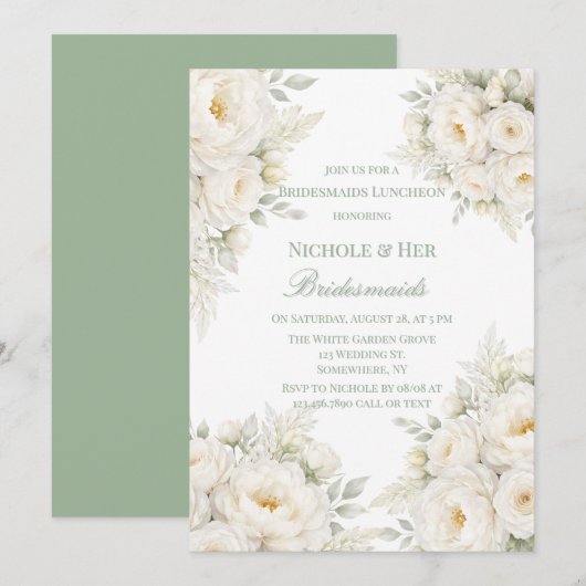 Invitation All White Floral Bridesmaids Luncheon (Devant / Derrière)