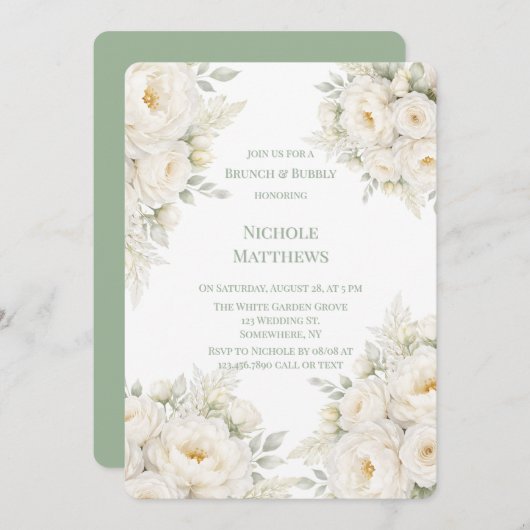 Invitation All White Floral Brunch and Bubbly (Devant / Derrière)