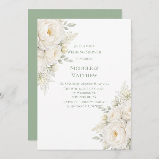 Invitation All White Floral Wedding Shower (Devant / Derrière)
