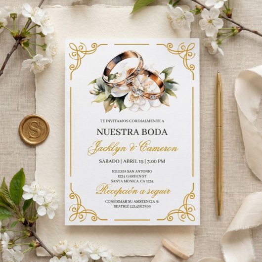 Invitation Alliance Élégante à Fleurs Blanches Mariage Espagn