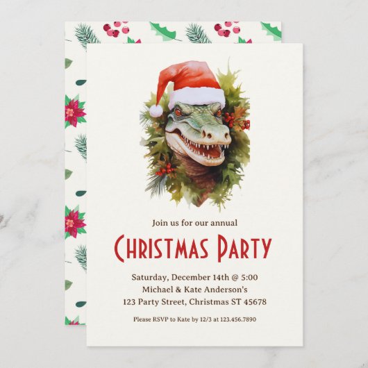 Invitation Alligator a Santa Hat Poinsettias Noël (Devant / Derrière)