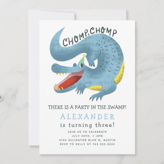 Invitation Alligator Anniversaire Bleu (Devant)