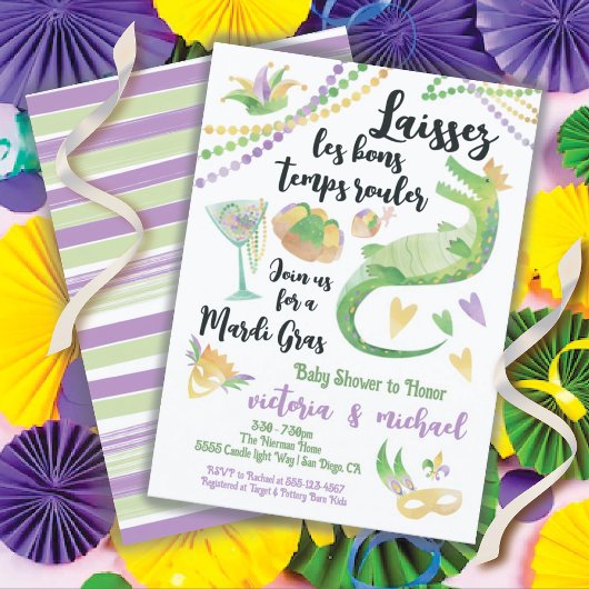 Invitation Alligator couleur Baby shower Mardi Gras