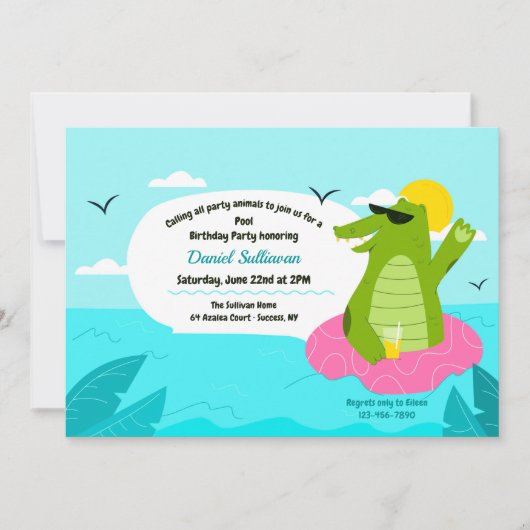Invitation Alligator de natation Fête d'anniversaire (Devant)