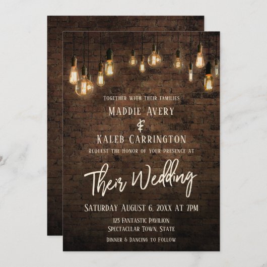 Invitation Allison v3 Brick Edison Lights Mariage (Devant / Derrière)