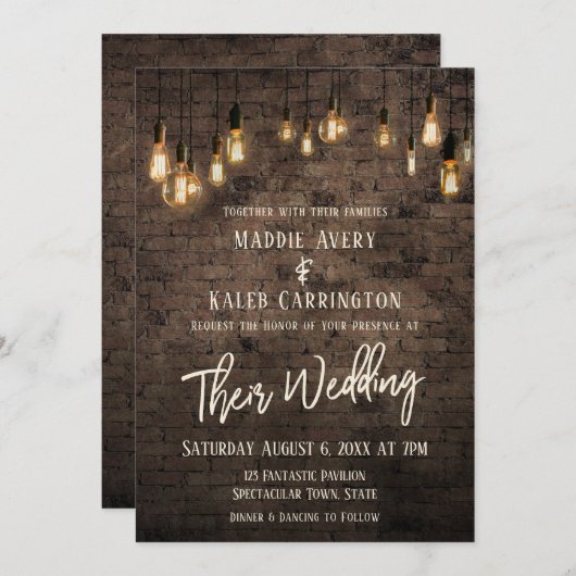 Invitation Allison v4 Brick Edison Lights Mariage (Devant / Derrière)