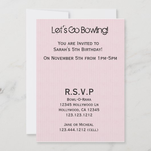 Invitation Allons au Bowling, fête d'anniversaire (Dos)
