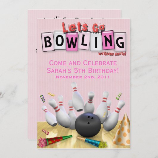 Invitation Allons au Bowling, fête d'anniversaire (Devant / Derrière)
