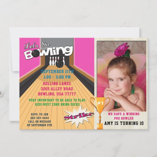 Invitation Allons au Bowling Rose Girls Anniversaire Photo In (Devant)