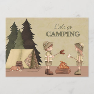 Invitation Allons camper - campeurs, feu de camp, tente