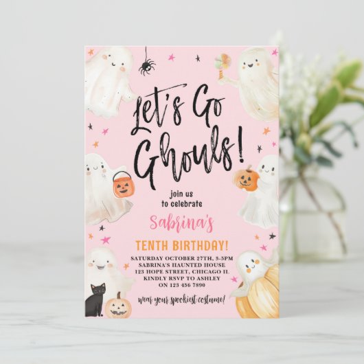 Invitation Allons Gouls Pink Halloween Fille fête d'anniversa (Debout devant)