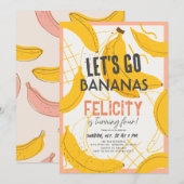 Invitation Allons-y Bananes Fille Jaune et Rose Anniversaire (Devant / Derrière)