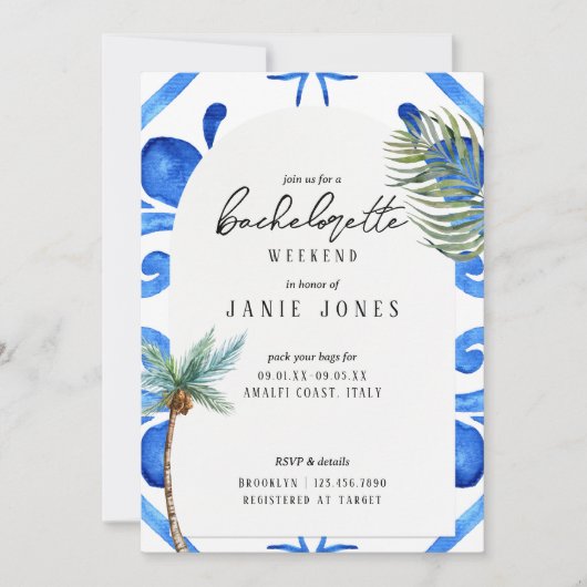 Invitation Almafi Vibes Blue Tile Bachelorette Party Week-end (Devant)