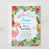 Invitation Aloha 3ème anniversaire fille - Flamant rose et fê (Devant)