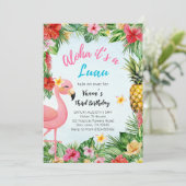 Invitation Aloha 3ème anniversaire fille - Flamant rose et fê (Debout devant)