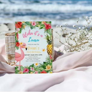 Invitation Aloha 3ème anniversaire fille - Flamant rose et fê