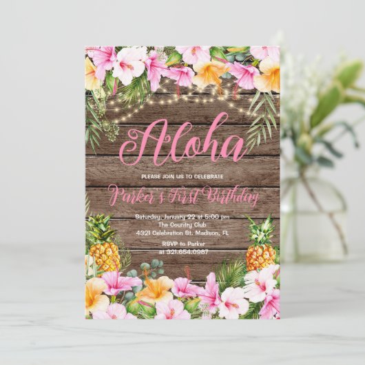Invitation Aloha Anniversaire de l'ananas en bois (Debout devant)