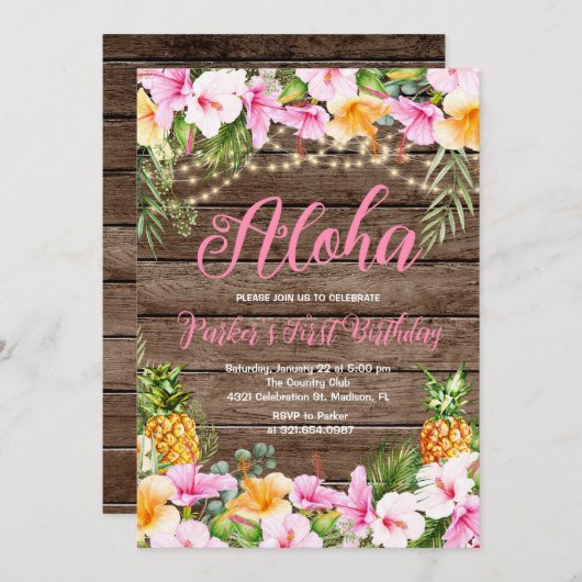 Invitation Aloha Anniversaire de l'ananas en bois (Devant / Derrière)