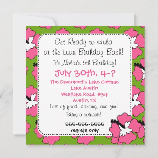 Invitation Aloha Anniversaire (Fille des cheveux noirs) Invit (Dos)