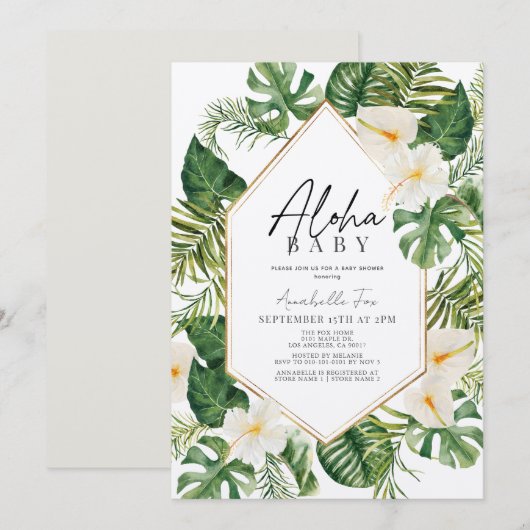 Invitation Aloha Baby Baby shower floral tropical blanc (Devant / Derrière)