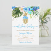 Invitation Aloha Baby shower d'ananas bleu or floral (Debout devant)