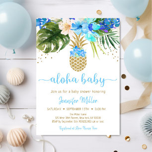 Invitation Aloha Baby shower d'ananas bleu or floral
