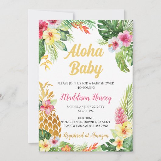 Invitation Aloha Baby shower d'ananas tropical floral (Devant)