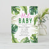 Invitation ALOHA Baby shower Feuilles tropicaux rose et vert (Debout devant)