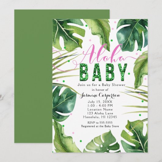 Invitation ALOHA Baby shower Feuilles tropicaux rose et vert (Devant / Derrière)