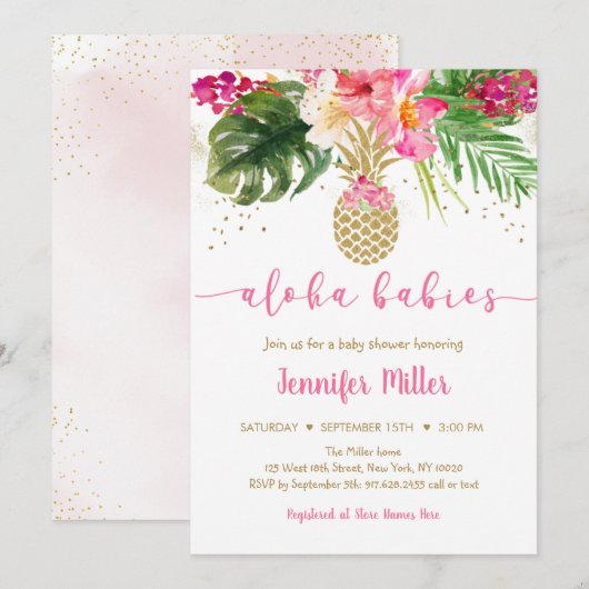 Invitation Aloha Baby shower jumeau rose ananas (Devant / Derrière)