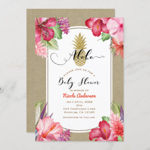 Invitation Aloha Baby shower Tropical Gold Pineappal Floral