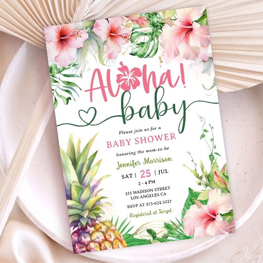 Invitation Aloha ! Baby shower tropical Luau fille rose