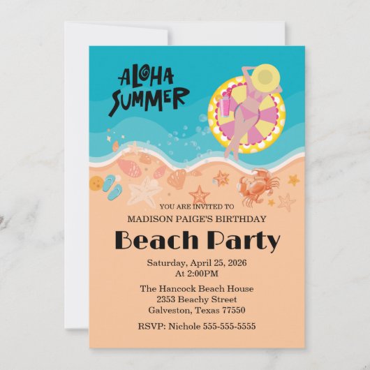 Invitation Aloha Beach Birthday Party (Devant)