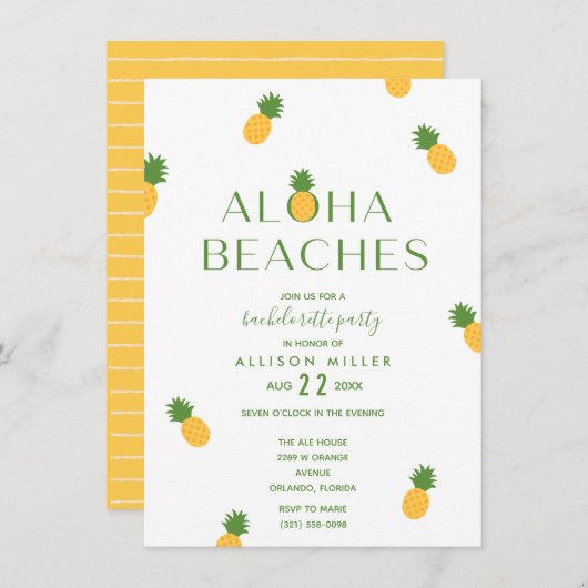 Invitation Aloha Beaches Pineappy Bachelorette Party (Devant / Derrière)