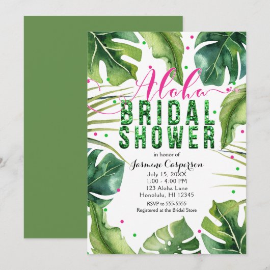 Invitation ALOHA BRIDAL SHOWER Feuilles Tropicales Rose & Ver (Devant / Derrière)