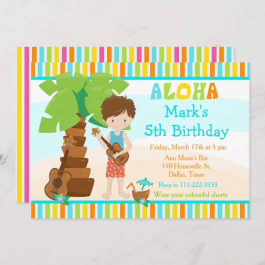 Invitation Aloha Cute Brunette Boy Fête d'anniversaire (Devant / Derrière)