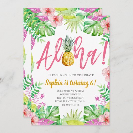 Invitation Aloha ! Fête d'anniversaire de la fille aux ananas (Devant / Derrière)