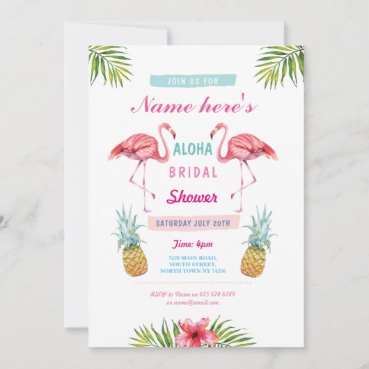 Invitation Aloha Fête des mariées Flamant rose Ananas Luau In (Devant)