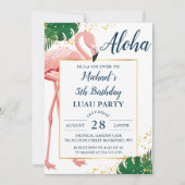 Invitation Aloha Flamant rose Blue Gold Tropical Luau Anniver (Devant)